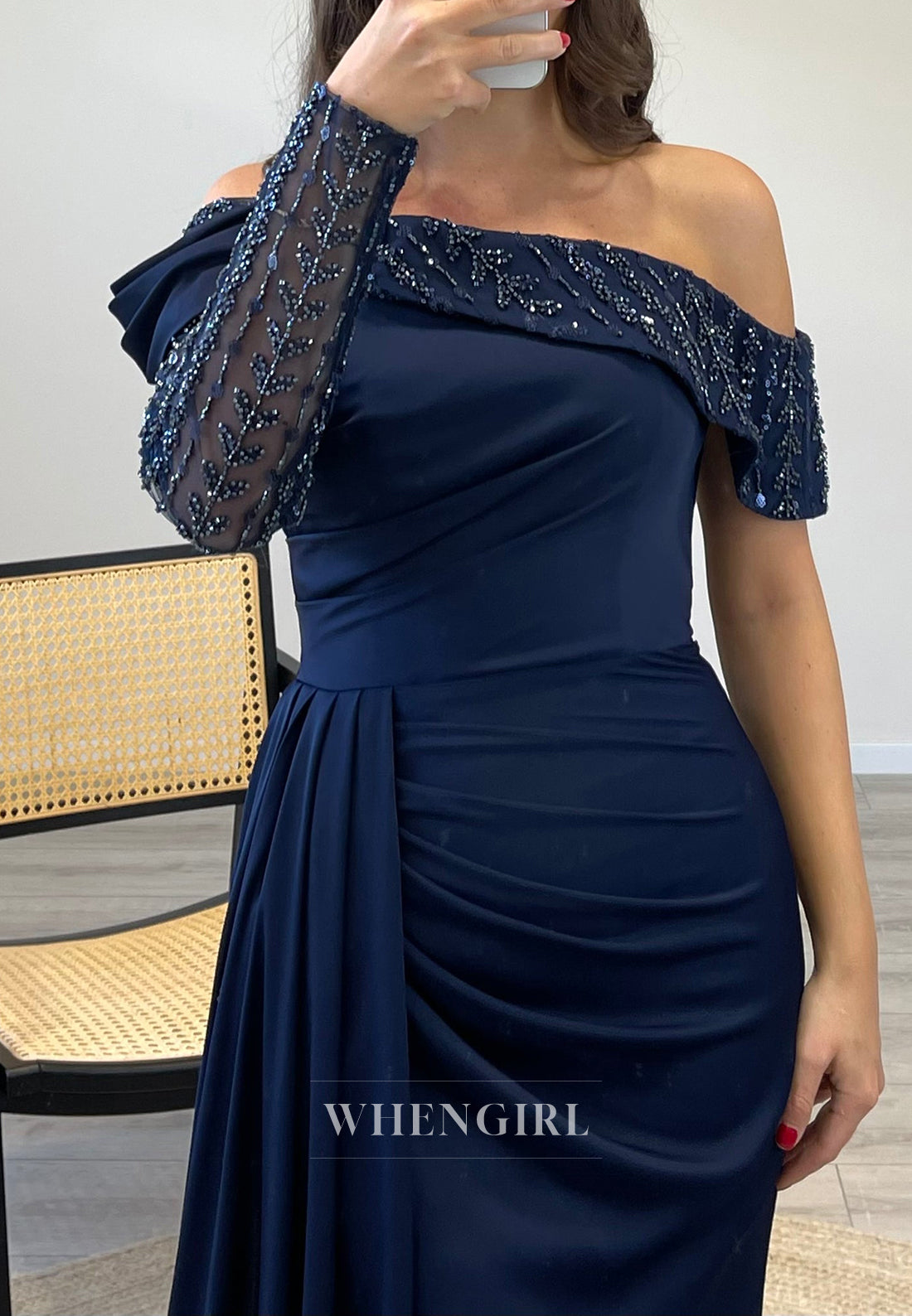 Off Shoulder Beaded Sleeves Satin Mermaid Evening Gown with Side Slit