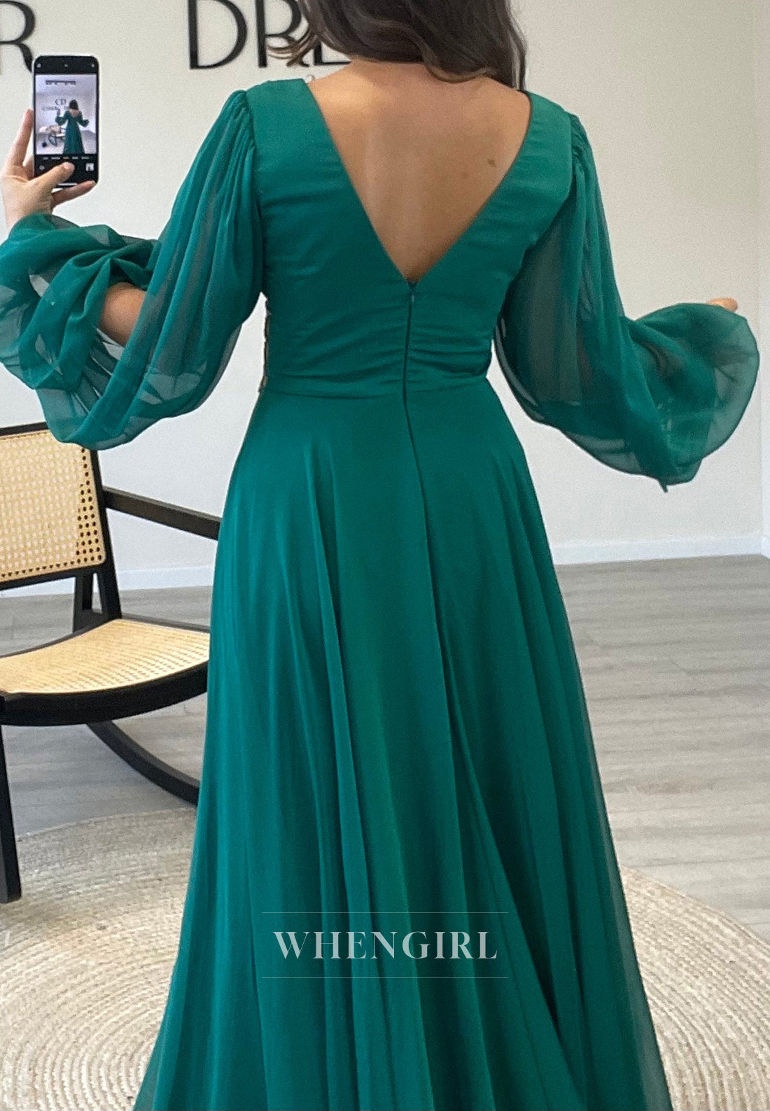 Long Sleeves V-Neck A-Line Beaded Side Slit Chiffon Evening Formal Gowns
