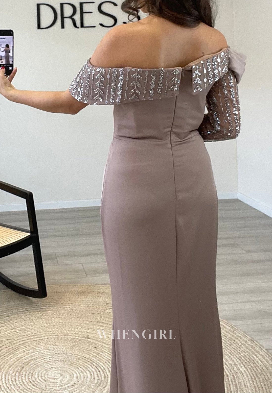 Off Shoulder Beaded Sleeves Satin Mermaid Evening Gown with Side Slit