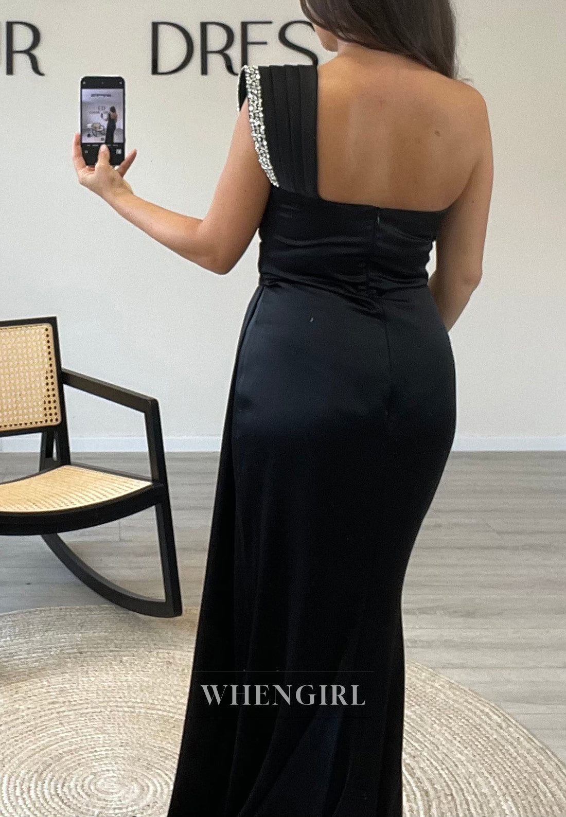 One Shoulder Satin Side Slit Mermaid Beading Sleeveless Evening Gown