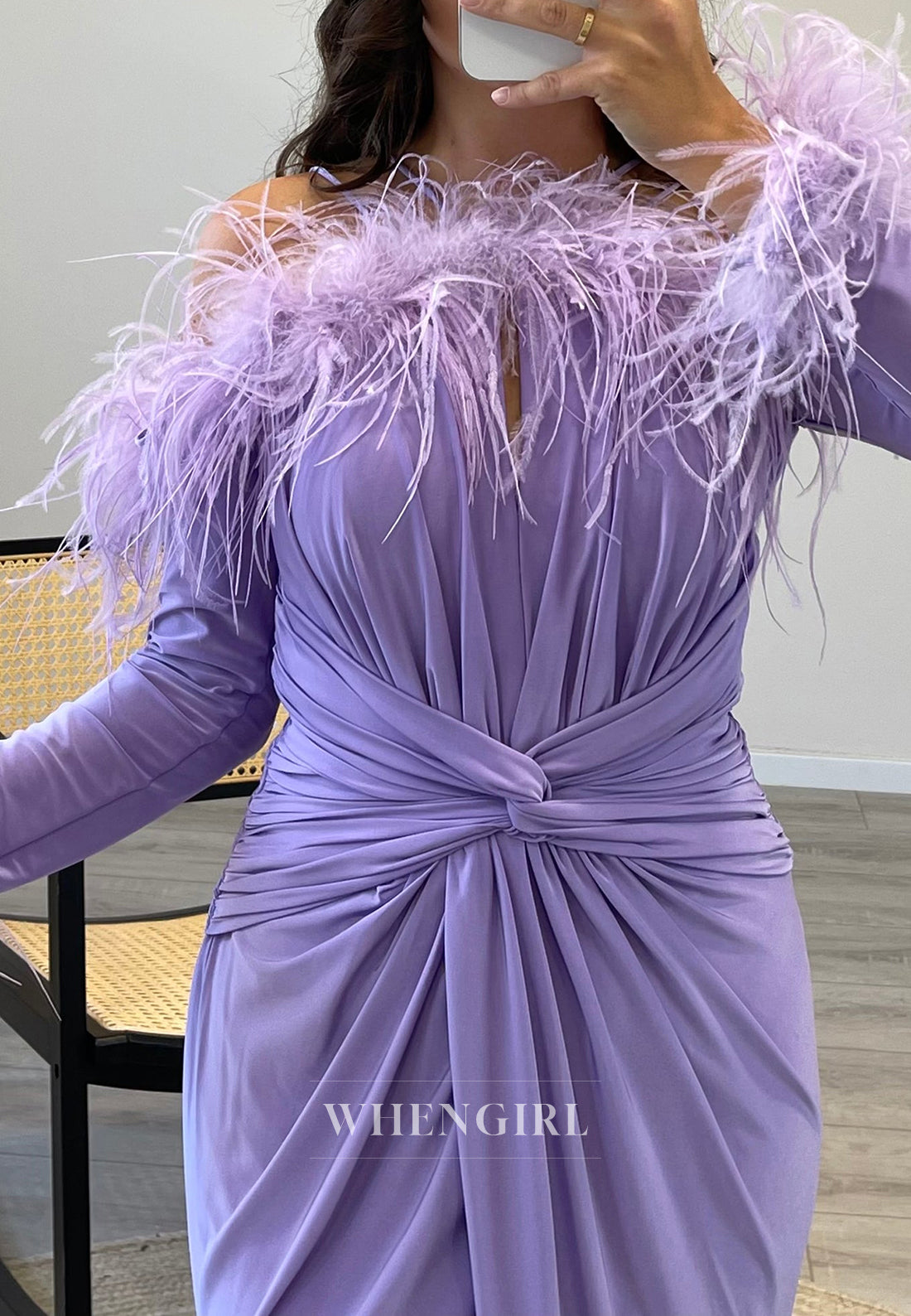 Pleated Long Sleeves Feather Mermaid Formal Gown Side Slit Chiffon Dress