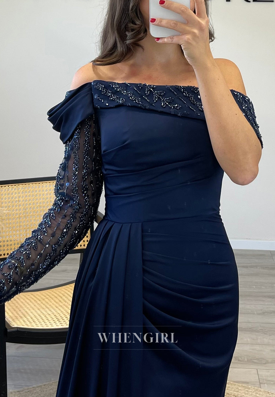 Off Shoulder Beaded Sleeves Satin Mermaid Evening Gown with Side Slit