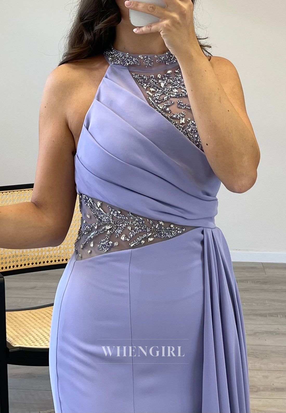 Mermaid Sweep Train Sleeveless Evening Dress Pleated Beade Halter Formal Gown