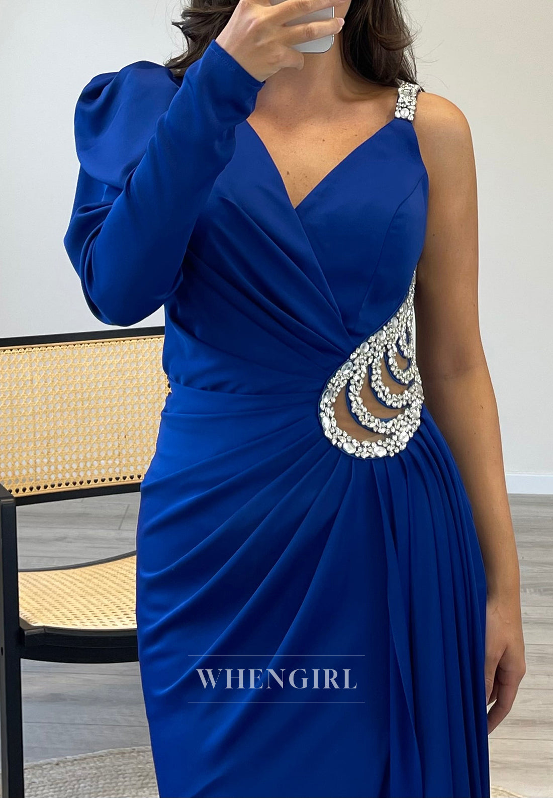 V Neck Low Back Mermaid Evening Dress Rhinestone Side Slit Waist Cut Out Formal Gown