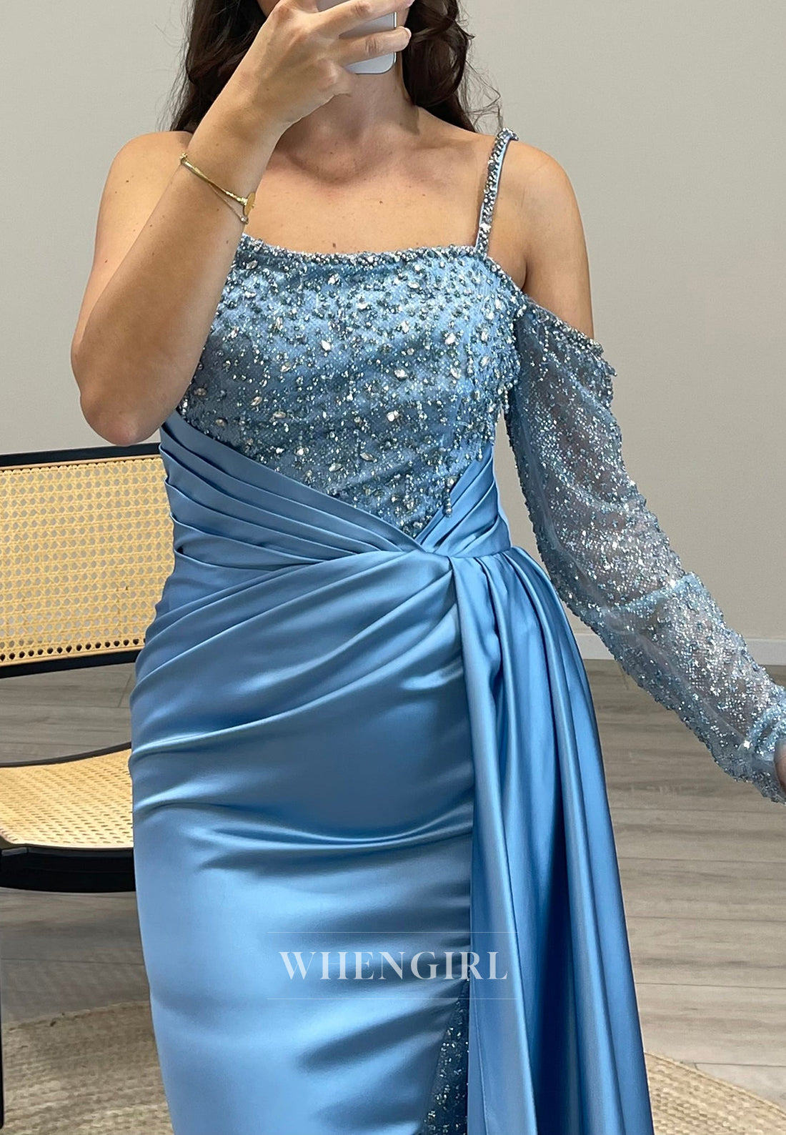 Beaded Sleeves Side Slit Spaghetti Straps Mermaid Pleated Evening Dress