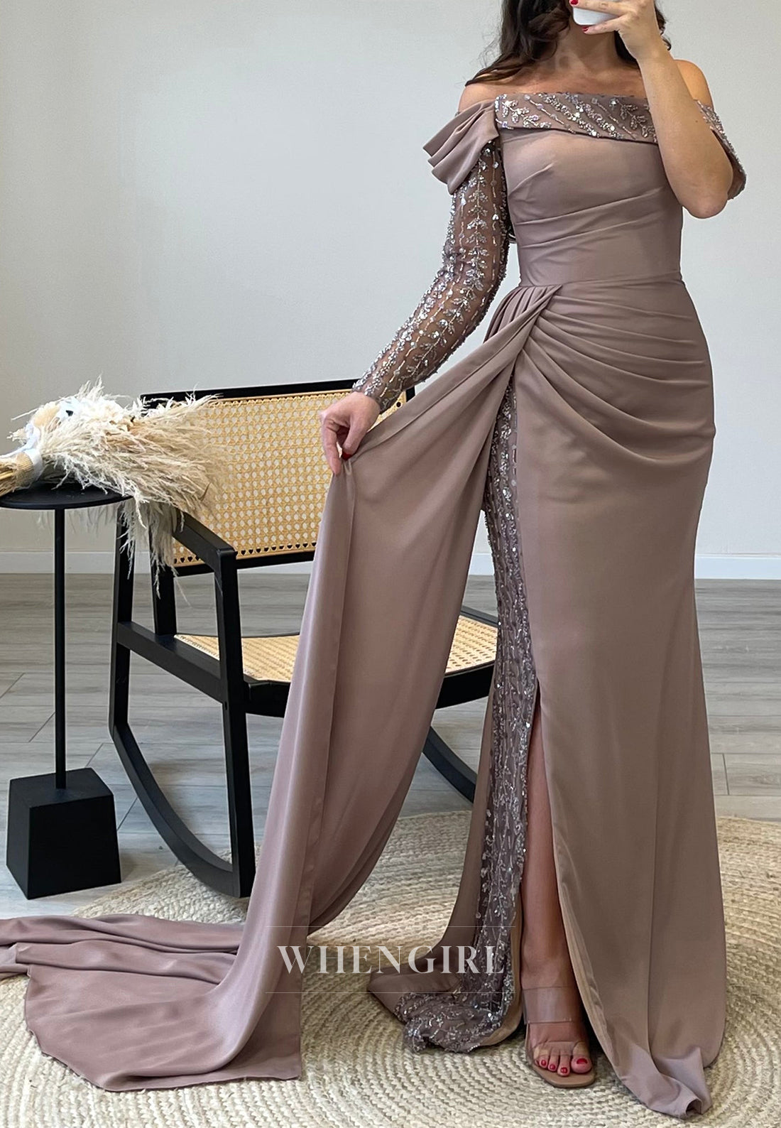 Off Shoulder Beaded Sleeves Satin Mermaid Evening Gown with Side Slit