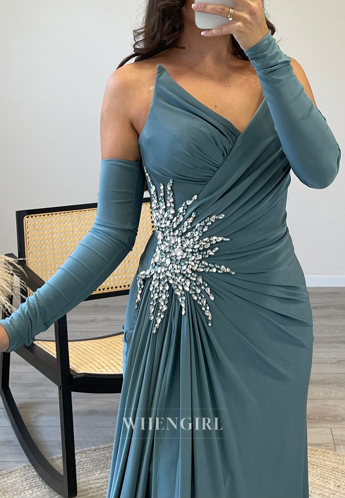 V Neck Rhinestone Pleated Formal Dress Long Sleeves Side Slit Train Evening Gown