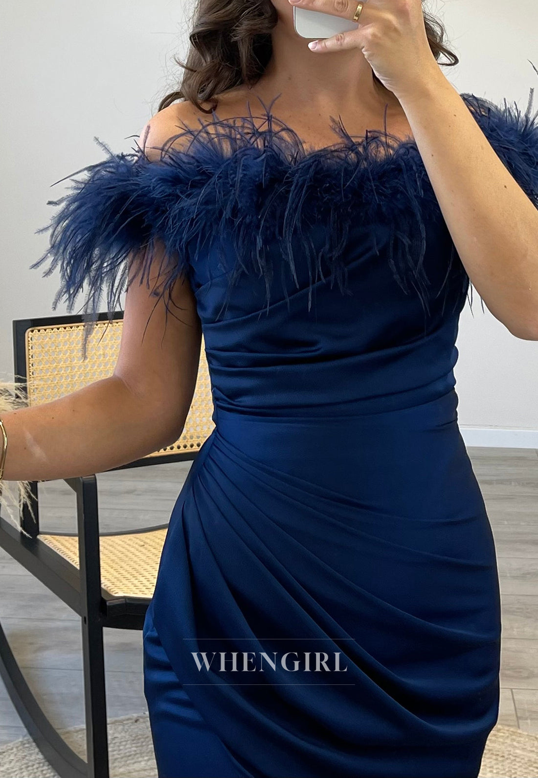 Unique Feather Off Shoulder Side Slit Pleated Formal Evening Dress with Sweep Train
