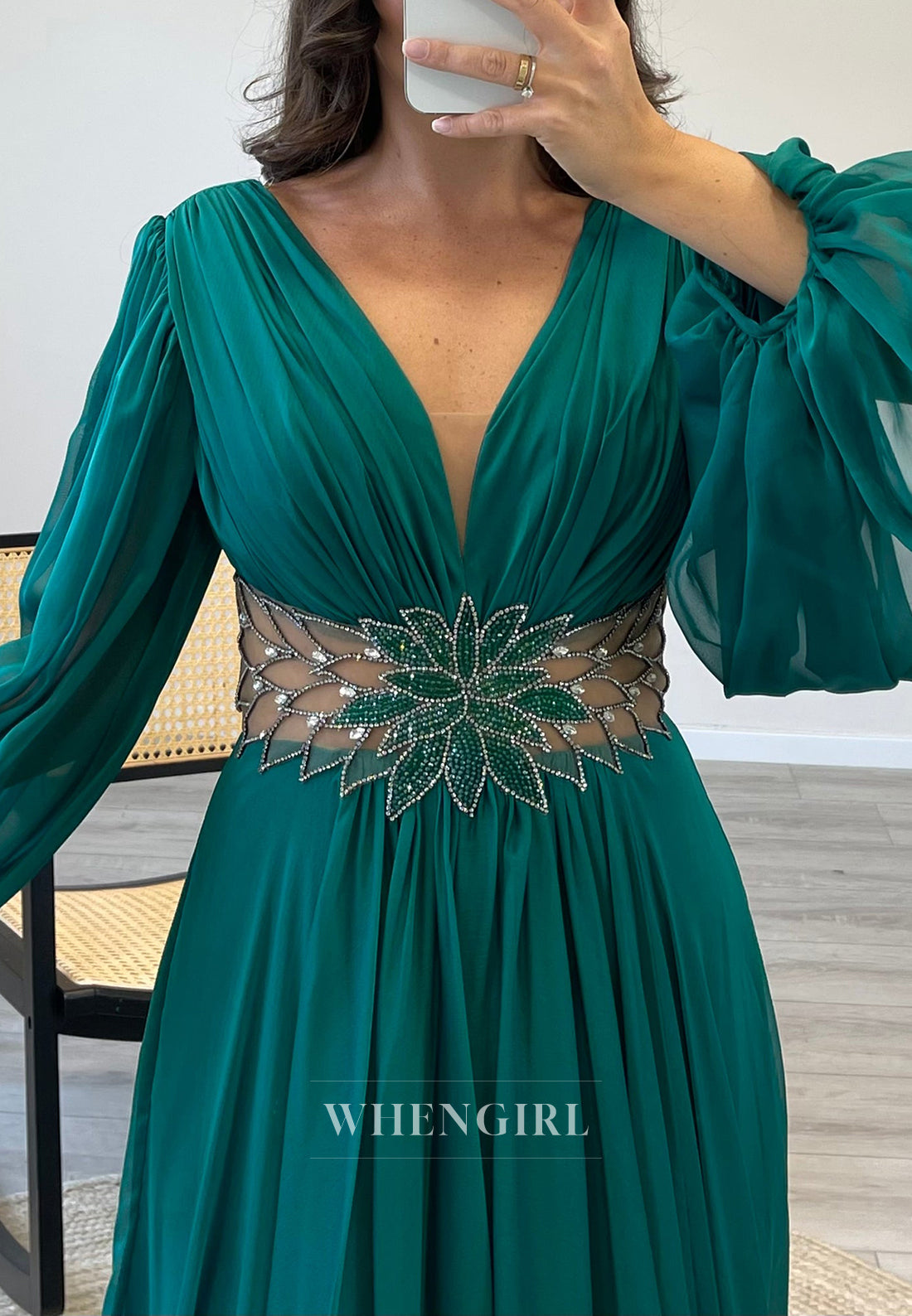 Long Sleeves V-Neck A-Line Beaded Side Slit Chiffon Evening Formal Gowns