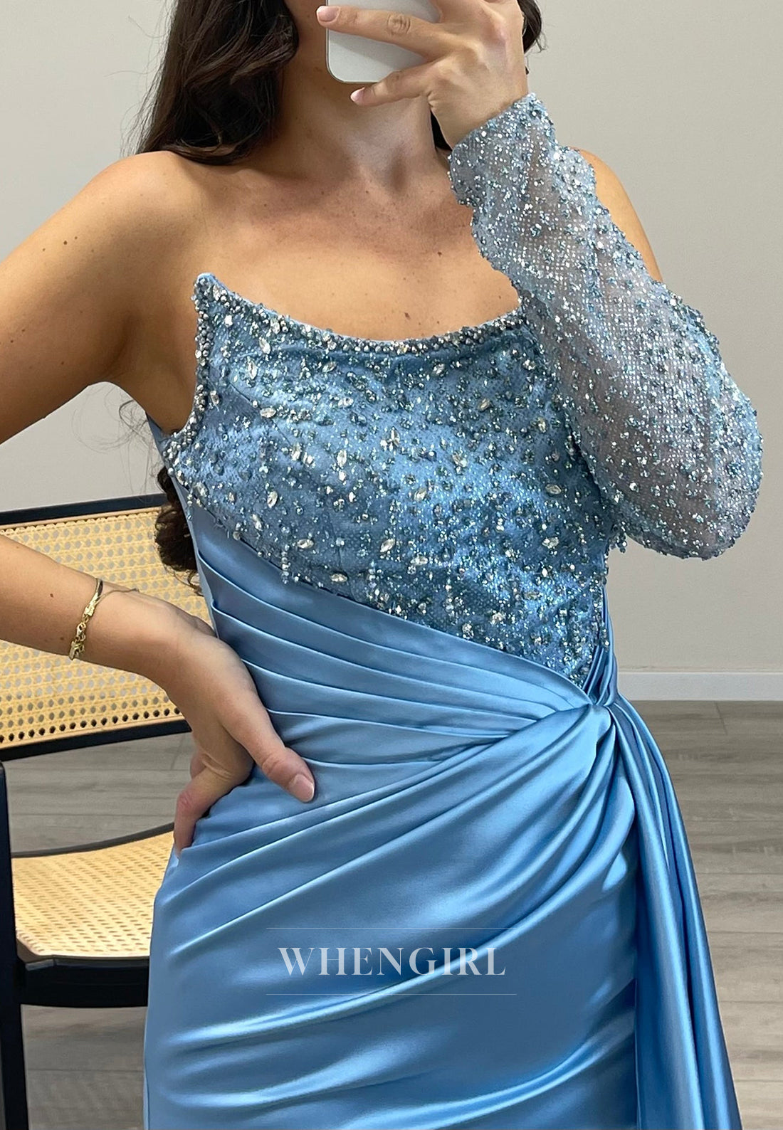 Beaded Sleeves Side Slit Spaghetti Straps Mermaid Pleated Evening Dress