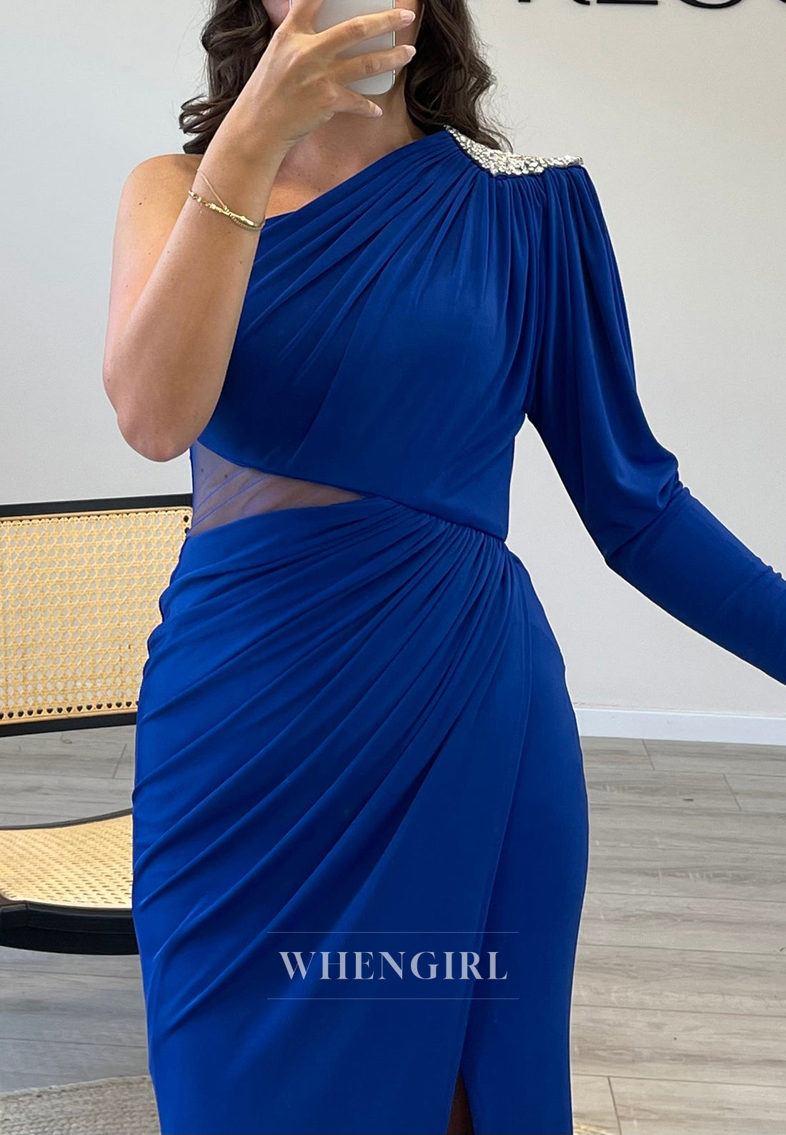 Asymmertrical One Shoulder Mermaid Pleated Chiffon Evening Gown with Side Slit