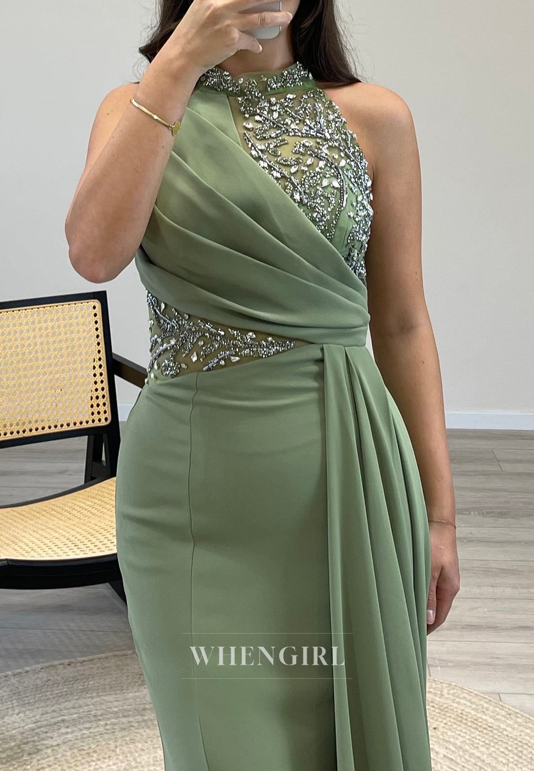 Mermaid Sweep Train Sleeveless Evening Dress Pleated Beade Halter Formal Gown