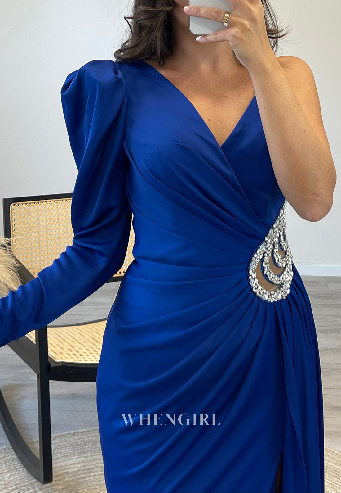 V Neck Low Back Mermaid Evening Dress Rhinestone Side Slit Waist Cut Out Formal Gown