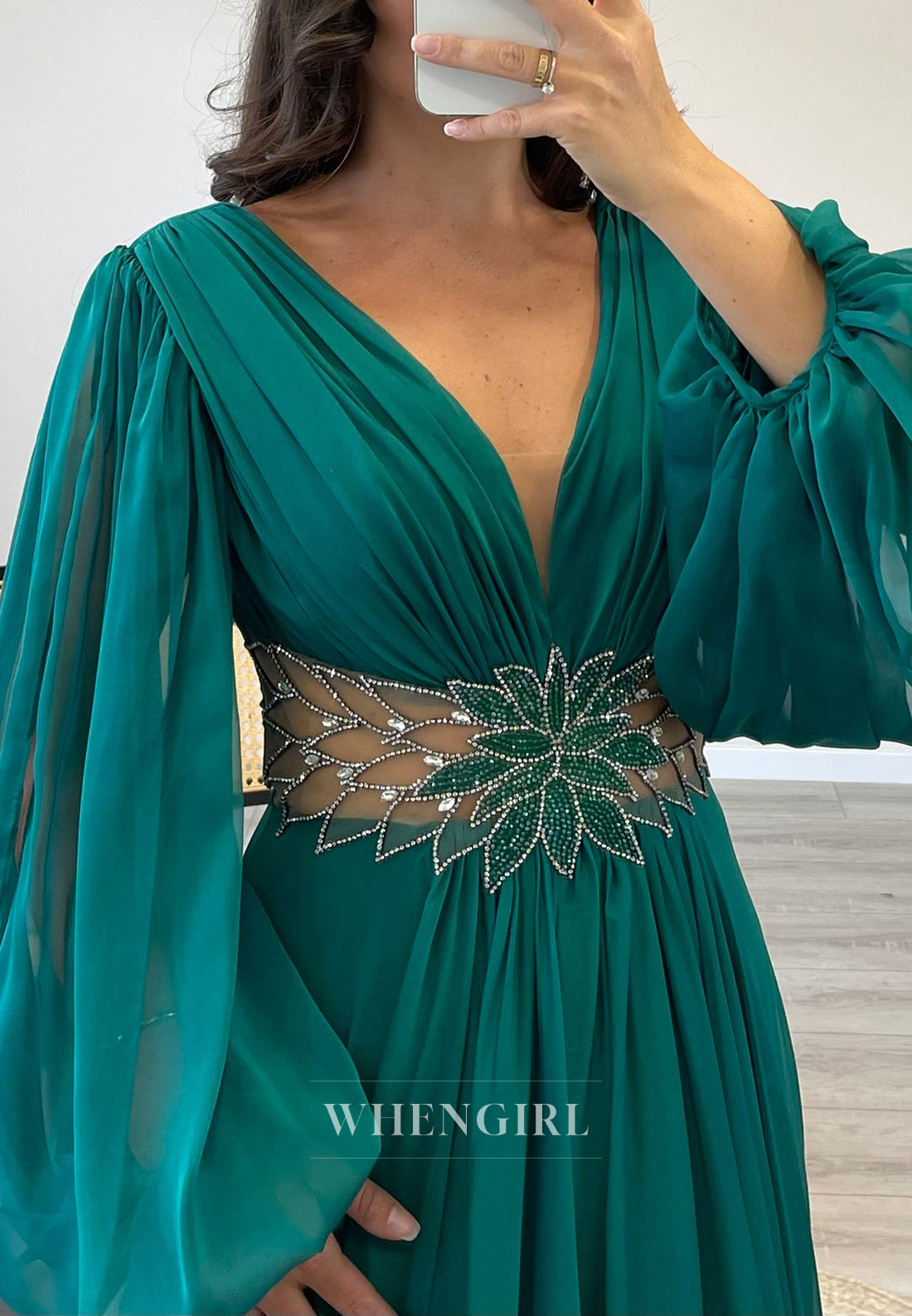 Long Sleeves V-Neck A-Line Beaded Side Slit Chiffon Evening Formal Gowns