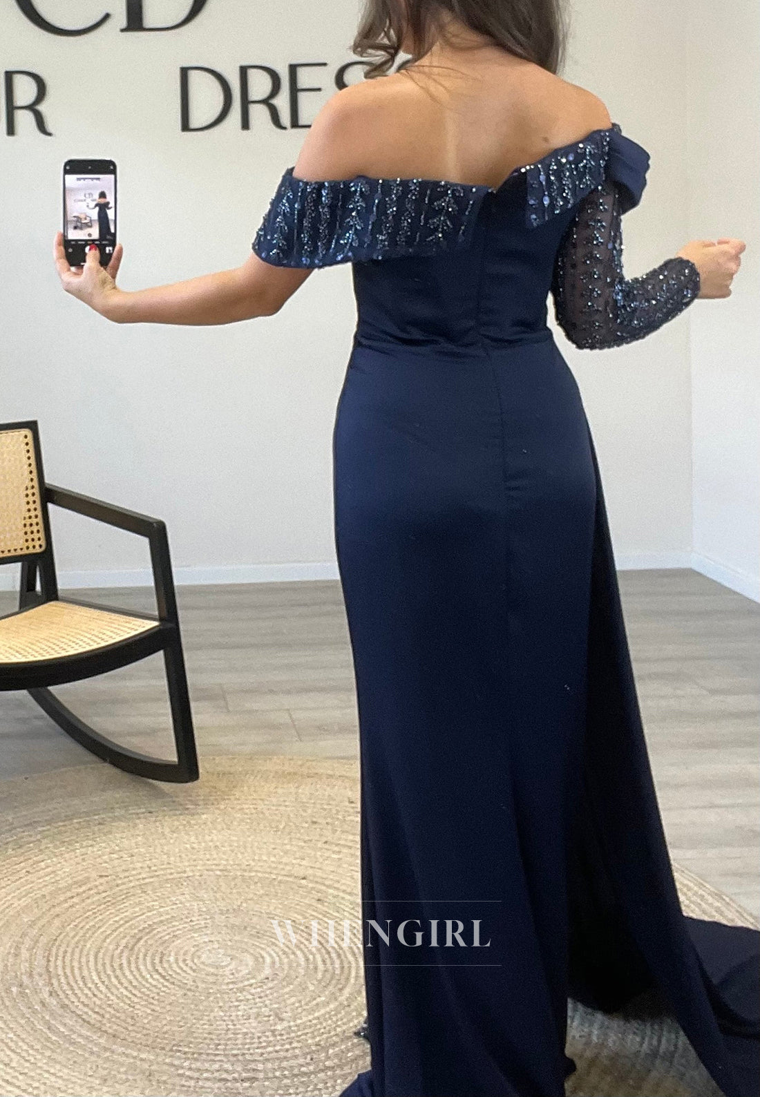 Off Shoulder Beaded Sleeves Satin Mermaid Evening Gown with Side Slit