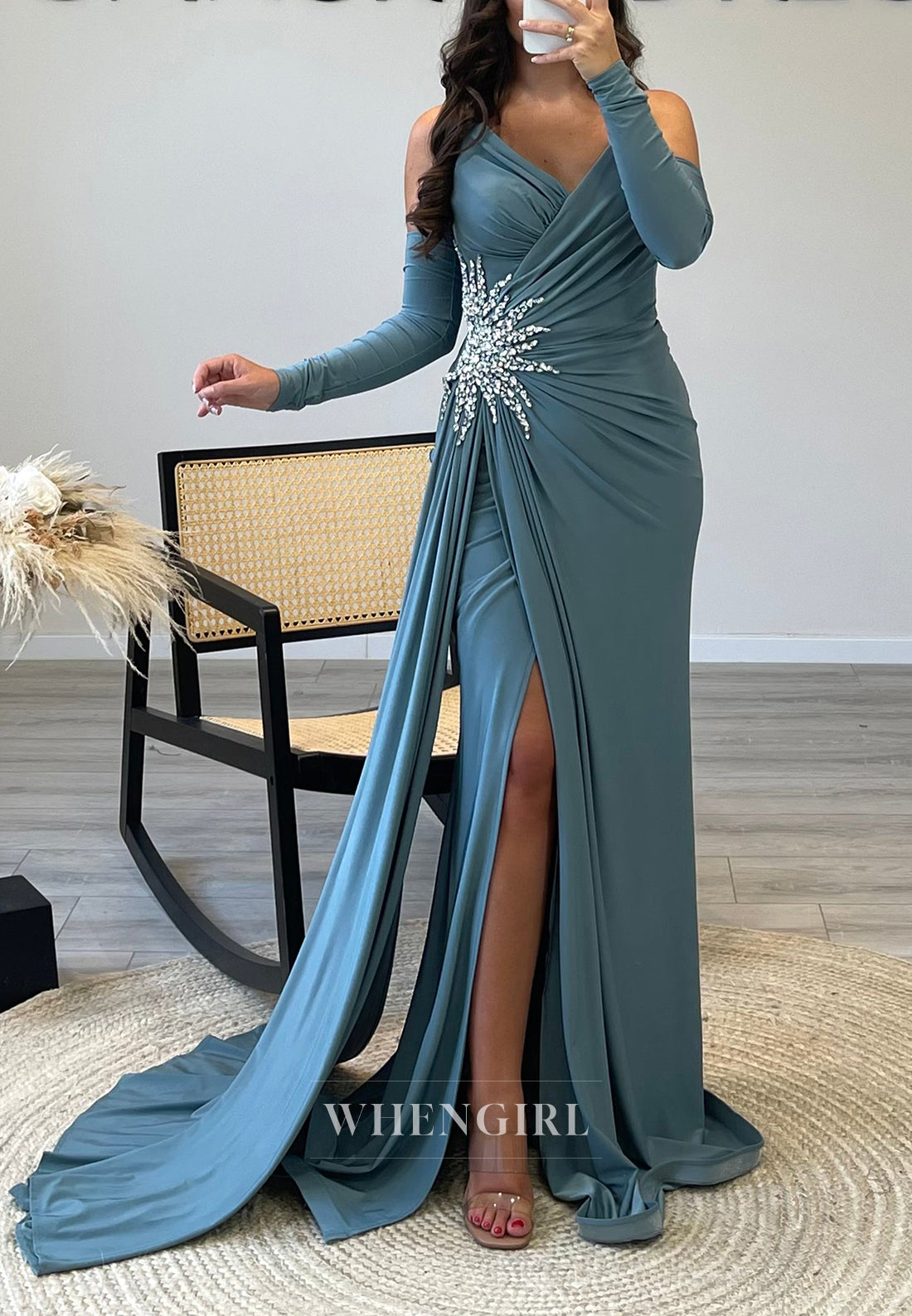 V Neck Rhinestone Pleated Formal Dress Long Sleeves Side Slit Train Evening Gown