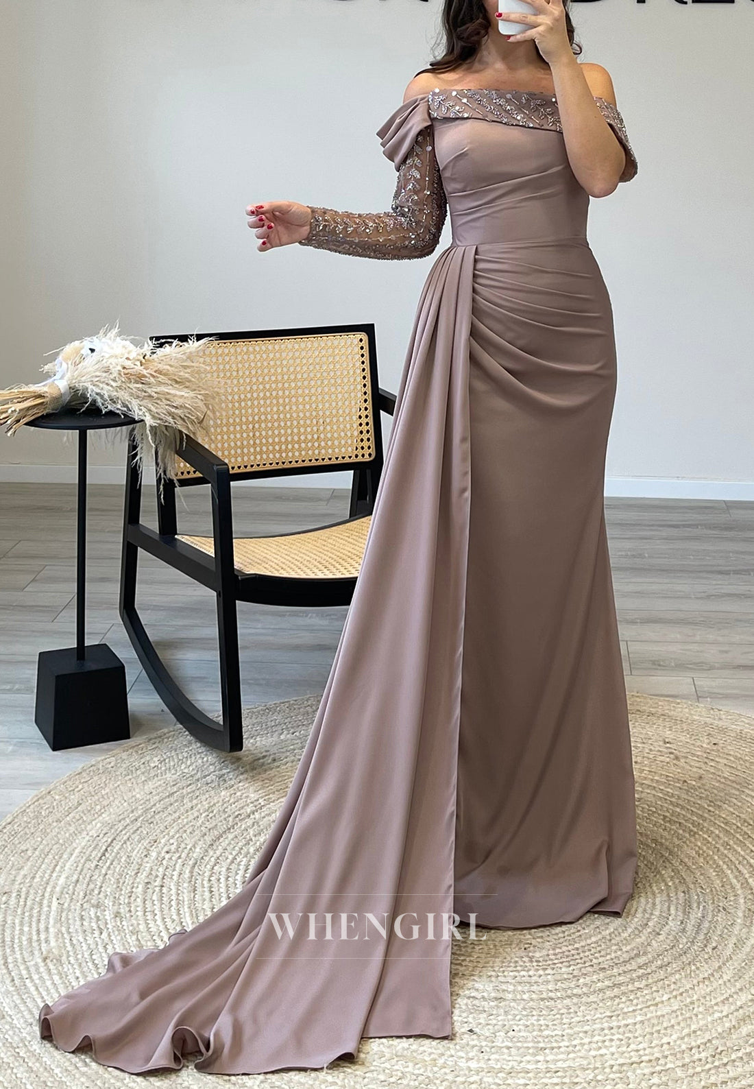 Off Shoulder Beaded Sleeves Satin Mermaid Evening Gown with Side Slit