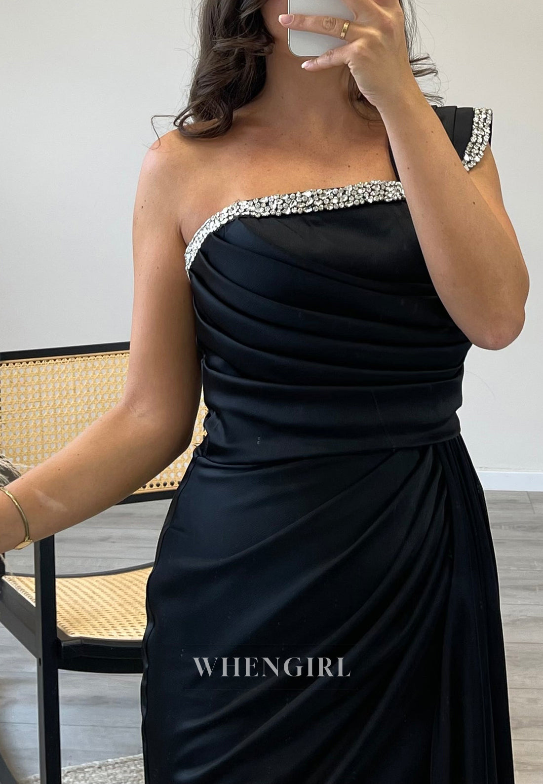 One Shoulder Satin Side Slit Mermaid Beading Sleeveless Evening Gown