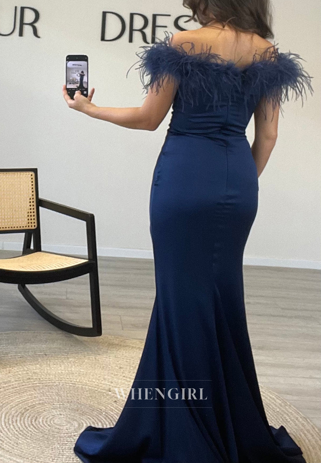Unique Feather Off Shoulder Side Slit Pleated Formal Evening Dress with Sweep Train