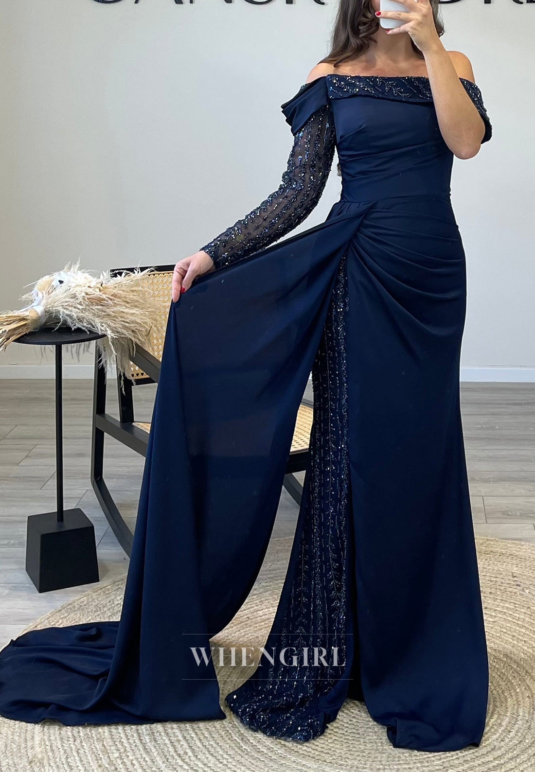 Off Shoulder Beaded Sleeves Satin Mermaid Evening Gown with Side Slit