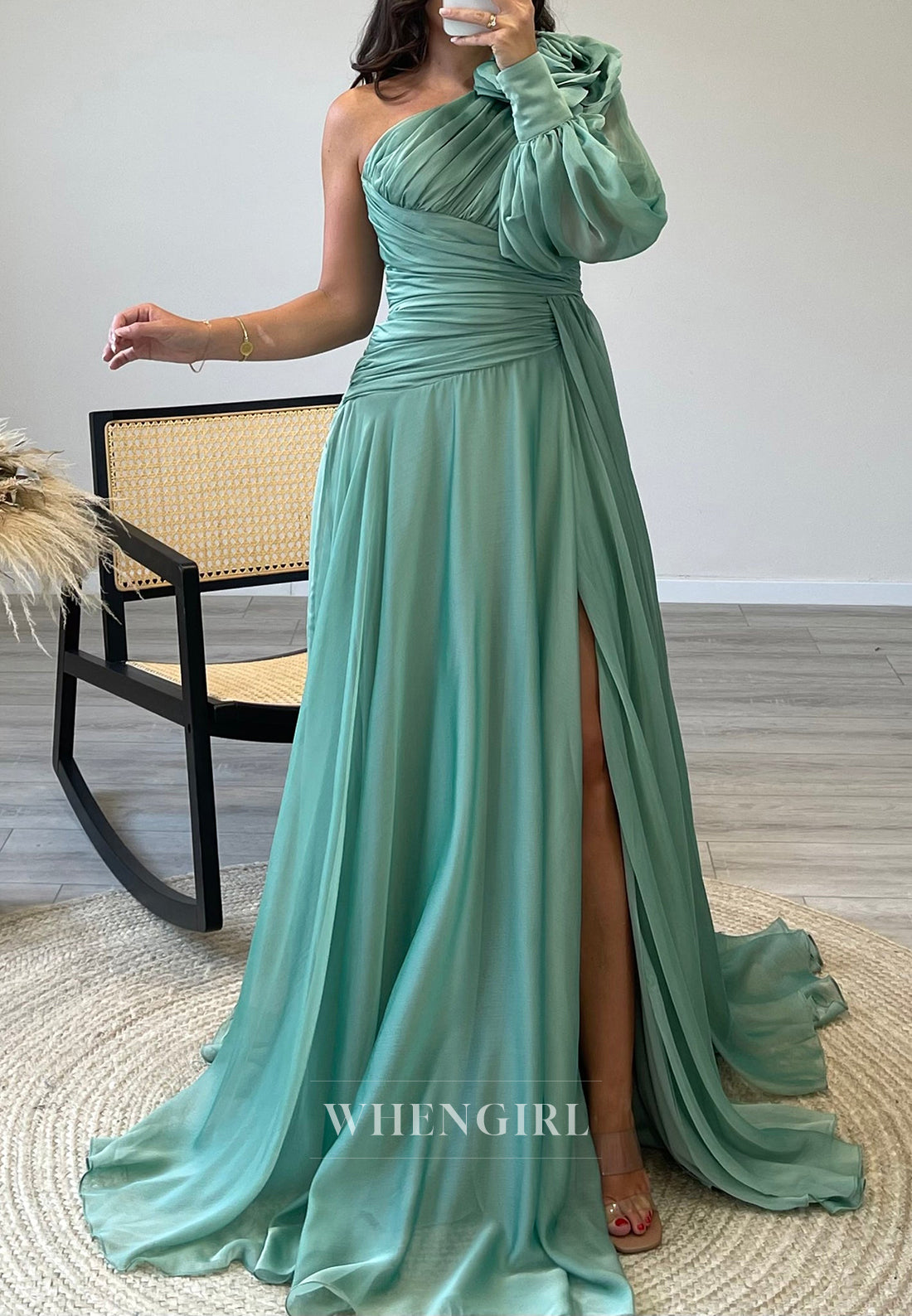 A-Line One Shoulder Side Slit Sweep Train Pleated Formal Evening Gown with Long Sleeve