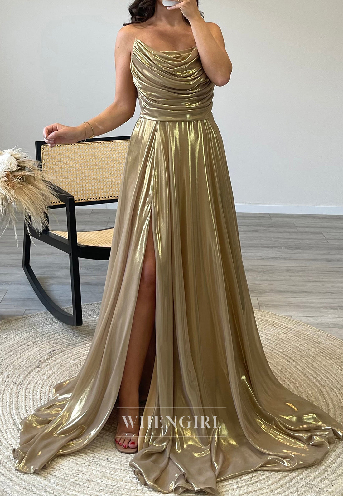 Cowl Neck A-Line Side Slit Pleated Sleeveless Evening Gown