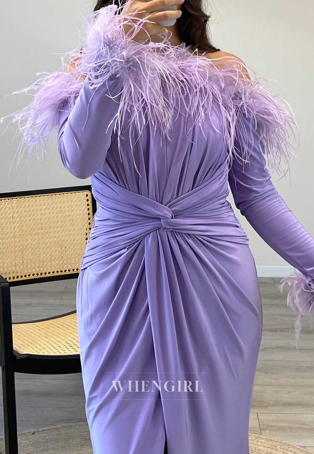 Pleated Long Sleeves Feather Mermaid Formal Gown Side Slit Chiffon Dress