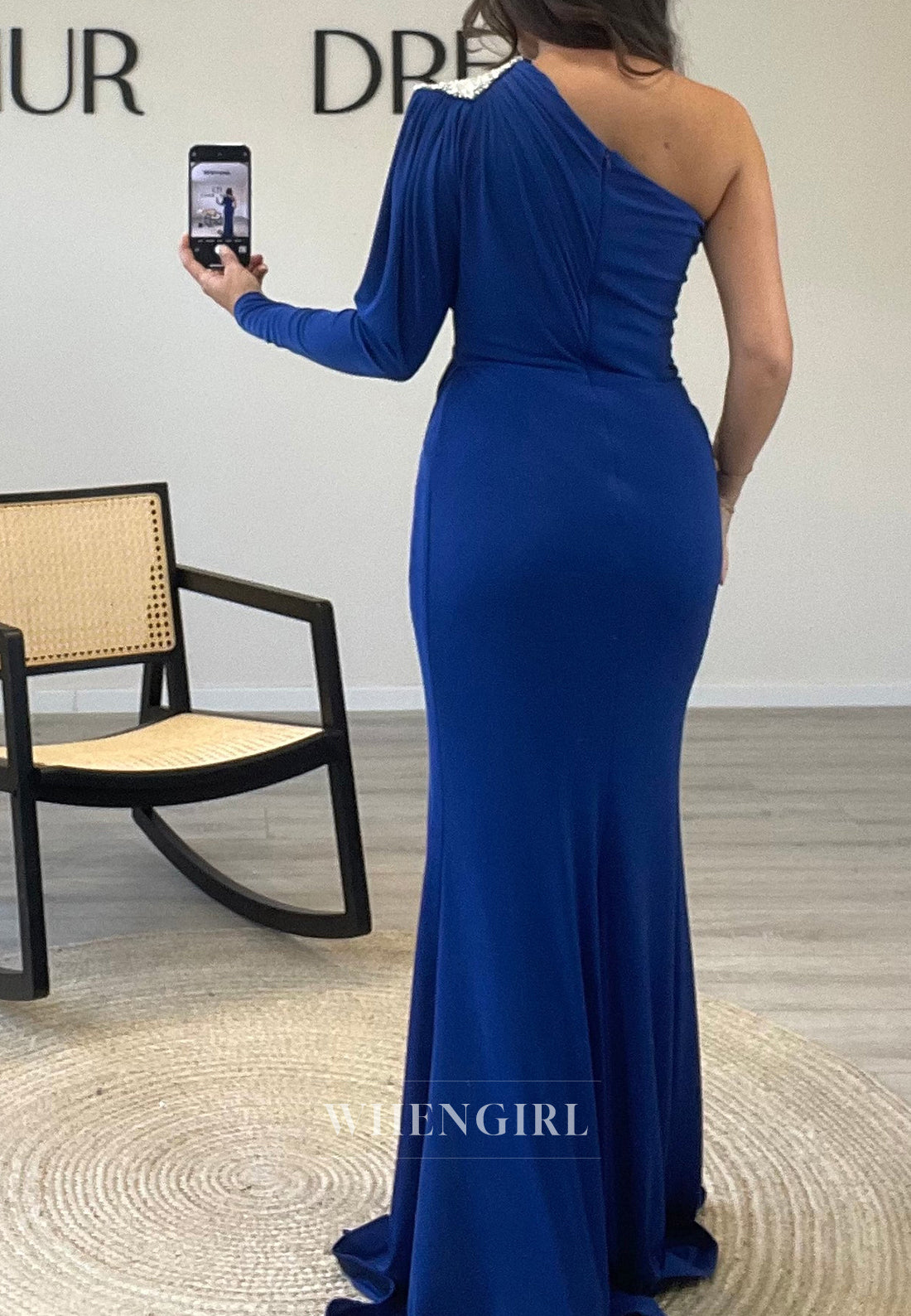 Asymmertrical One Shoulder Mermaid Pleated Chiffon Evening Gown with Side Slit