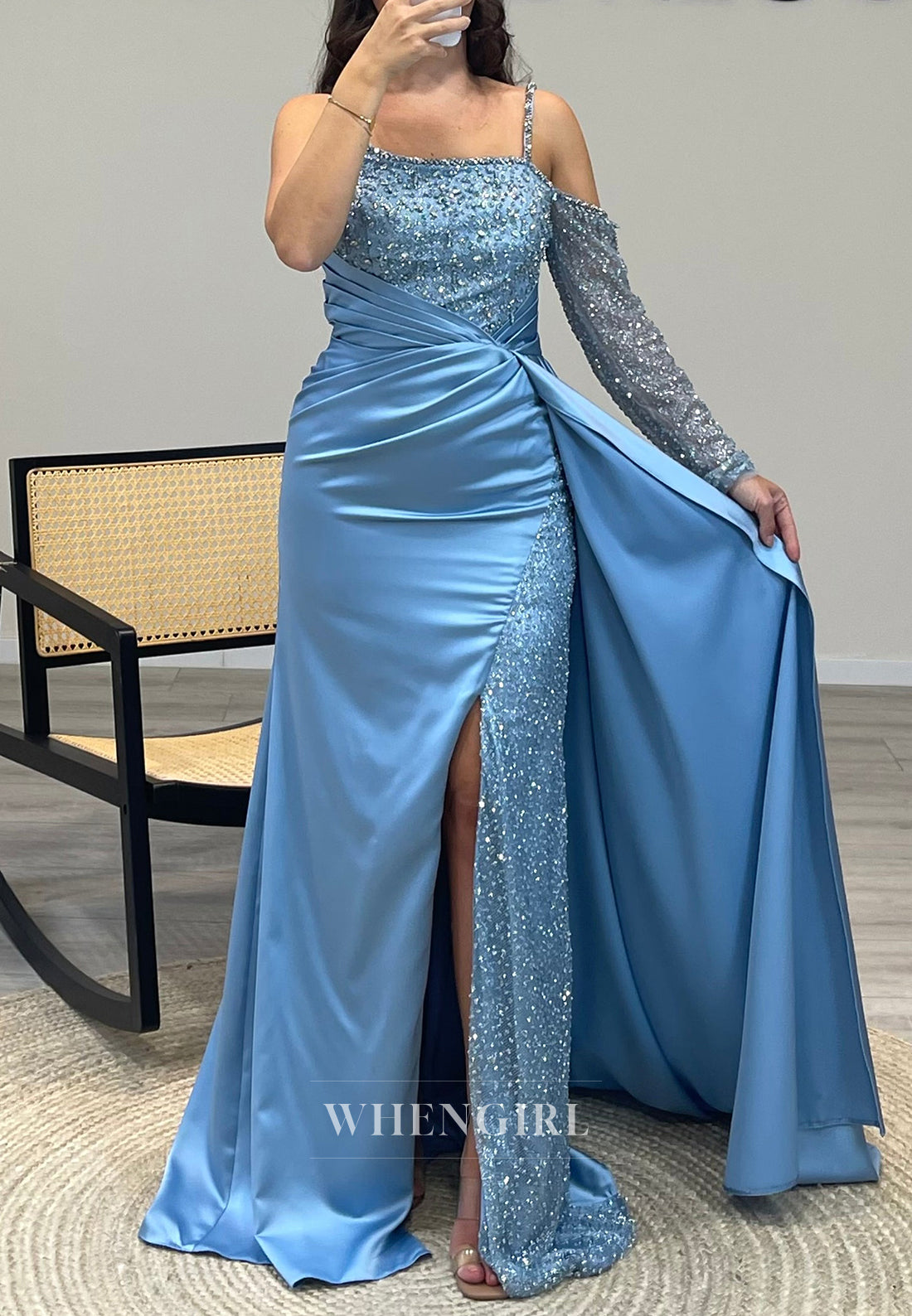 Beaded Sleeves Side Slit Spaghetti Straps Mermaid Pleated Evening Dress