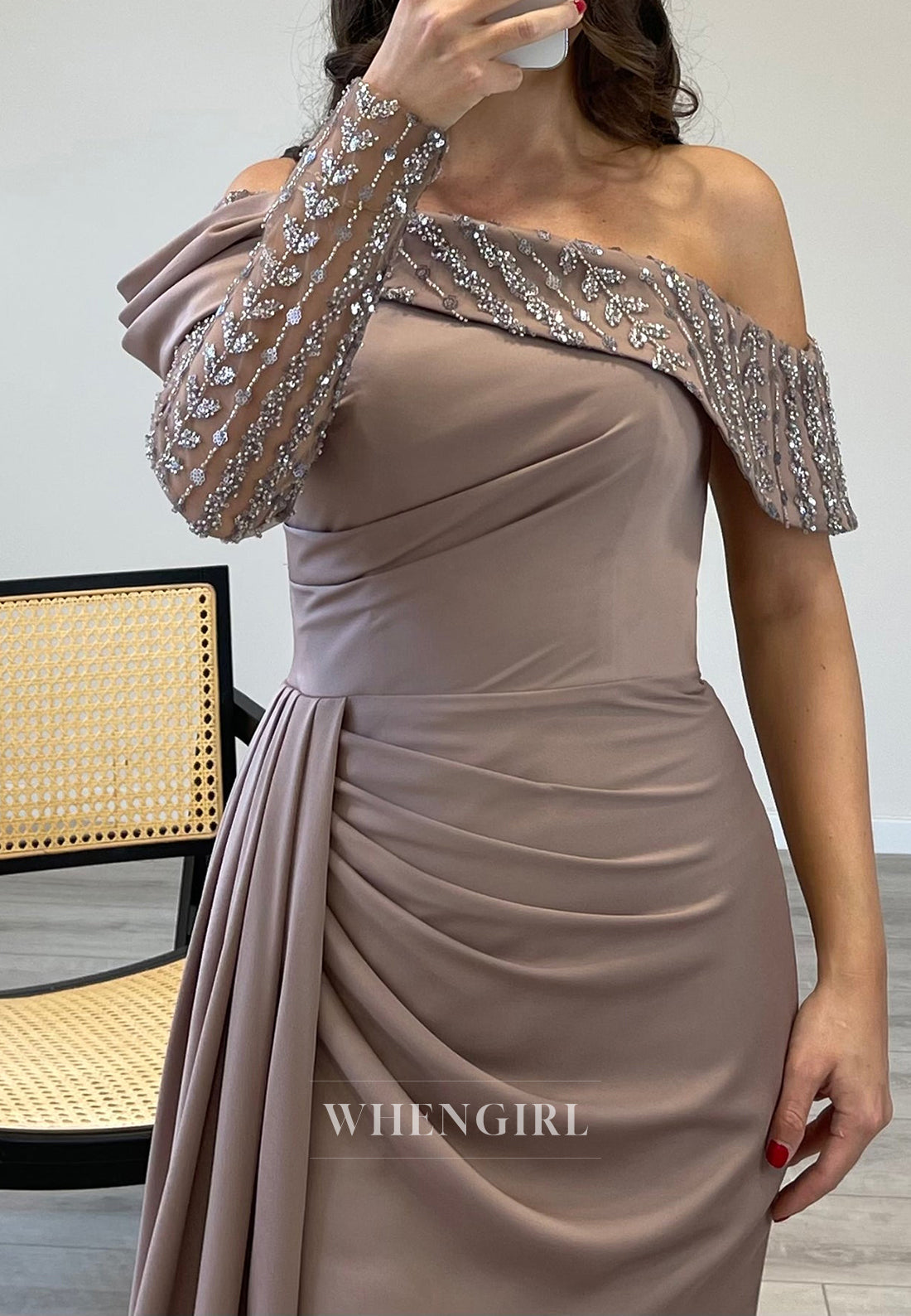 Off Shoulder Beaded Sleeves Satin Mermaid Evening Gown with Side Slit
