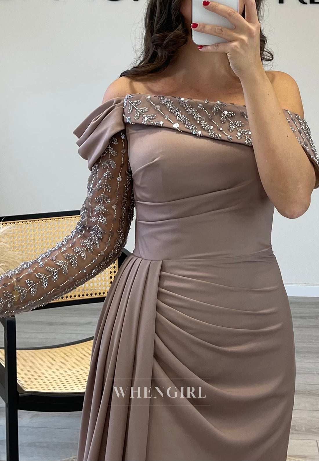 Off Shoulder Beaded Sleeves Satin Mermaid Evening Gown with Side Slit