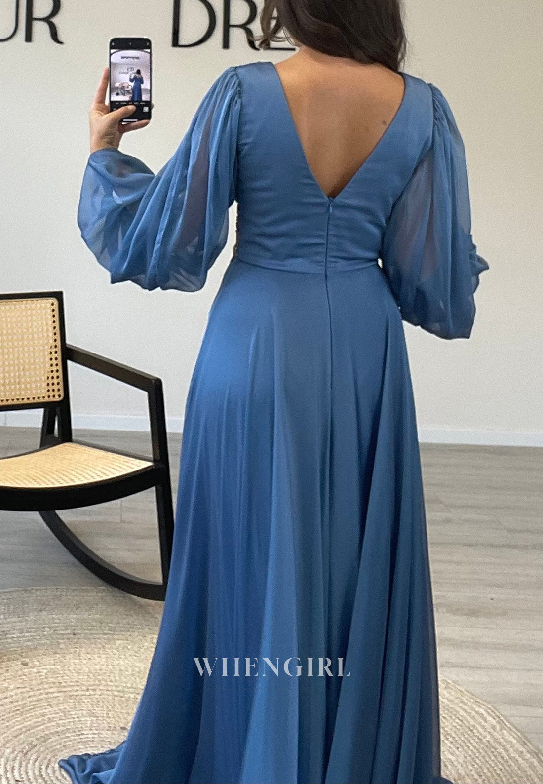 Long Sleeves V-Neck A-Line Beaded Side Slit Chiffon Evening Formal Gowns