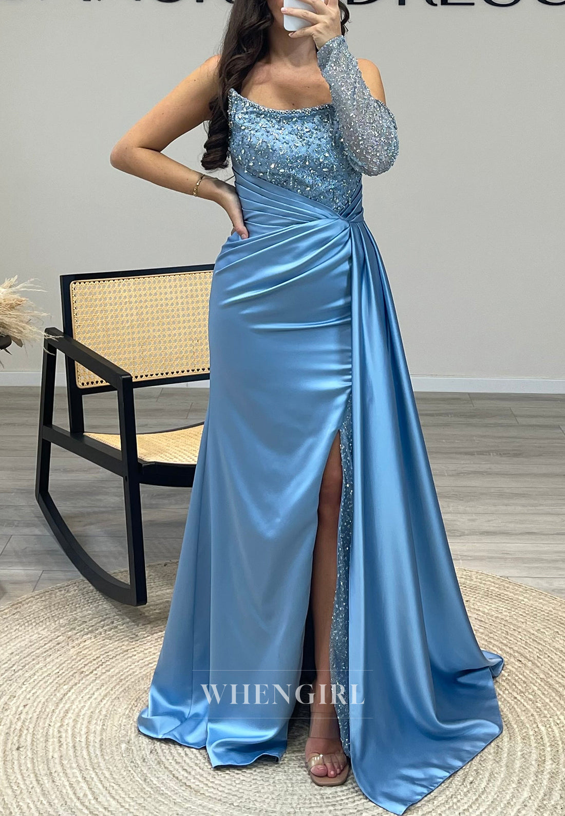 Beaded Sleeves Side Slit Spaghetti Straps Mermaid Pleated Evening Dress