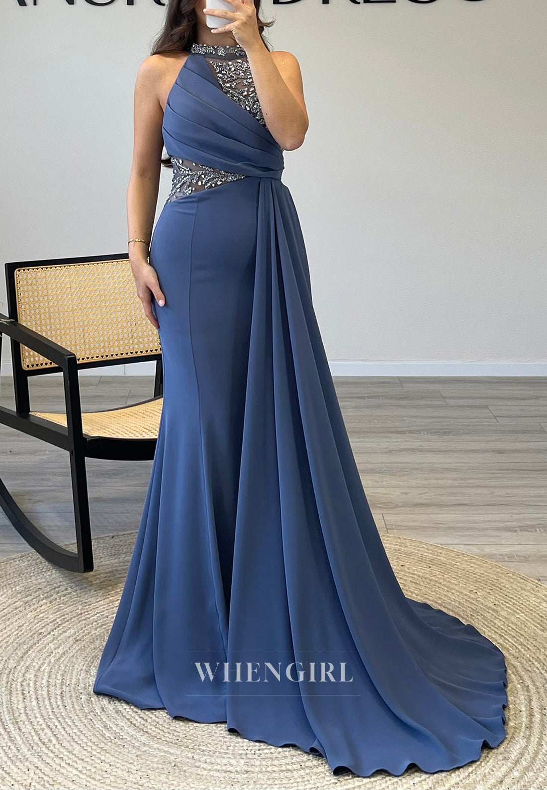 Mermaid Sweep Train Sleeveless Evening Dress Pleated Beade Halter Formal Gown