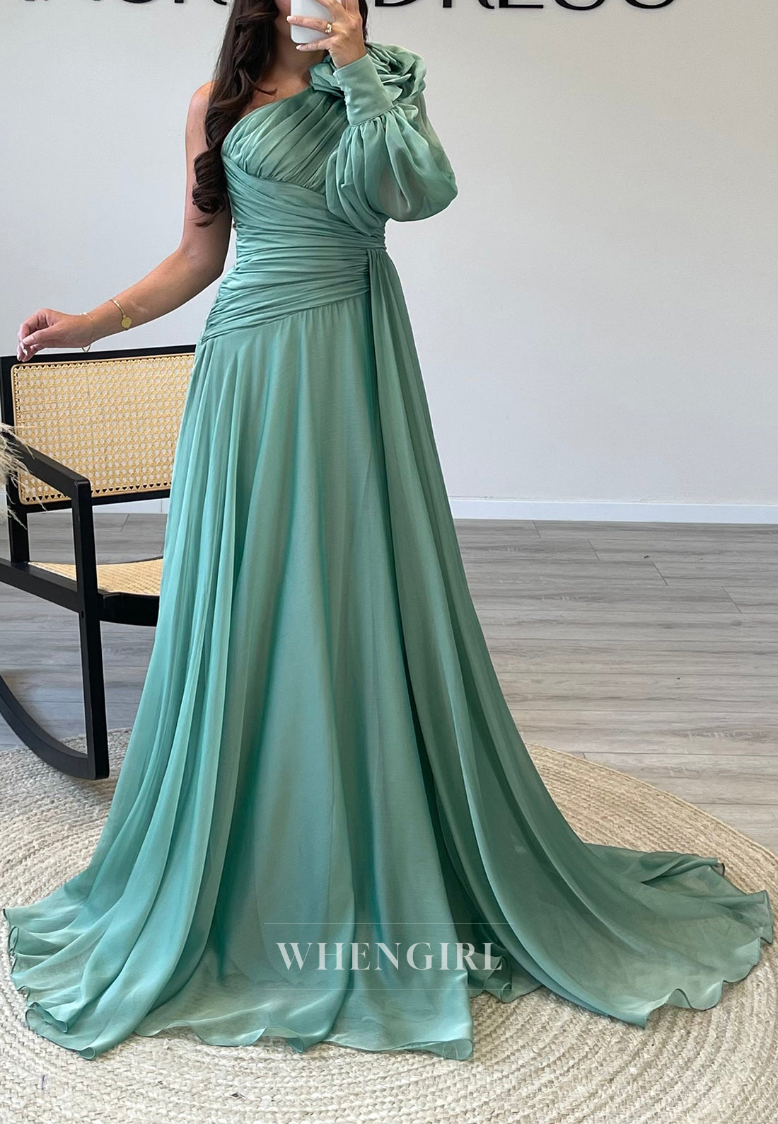 A-Line One Shoulder Side Slit Sweep Train Pleated Formal Evening Gown with Long Sleeve