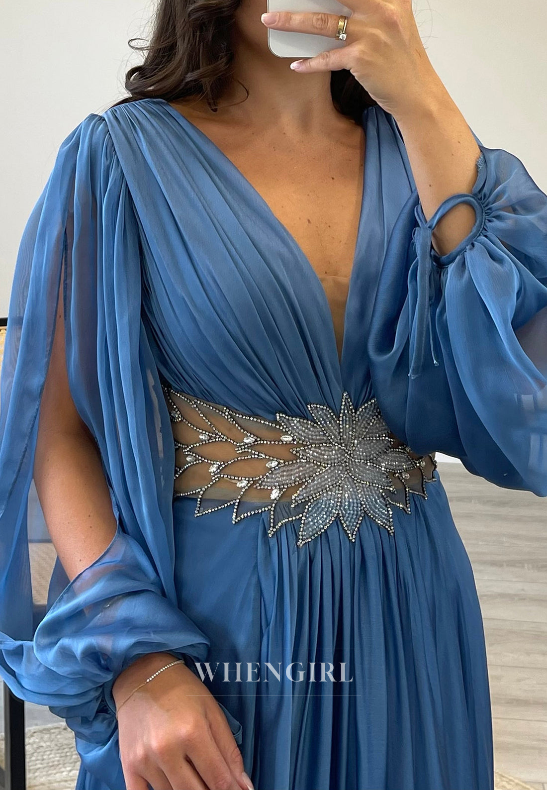 Long Sleeves V-Neck A-Line Beaded Side Slit Chiffon Evening Formal Gowns