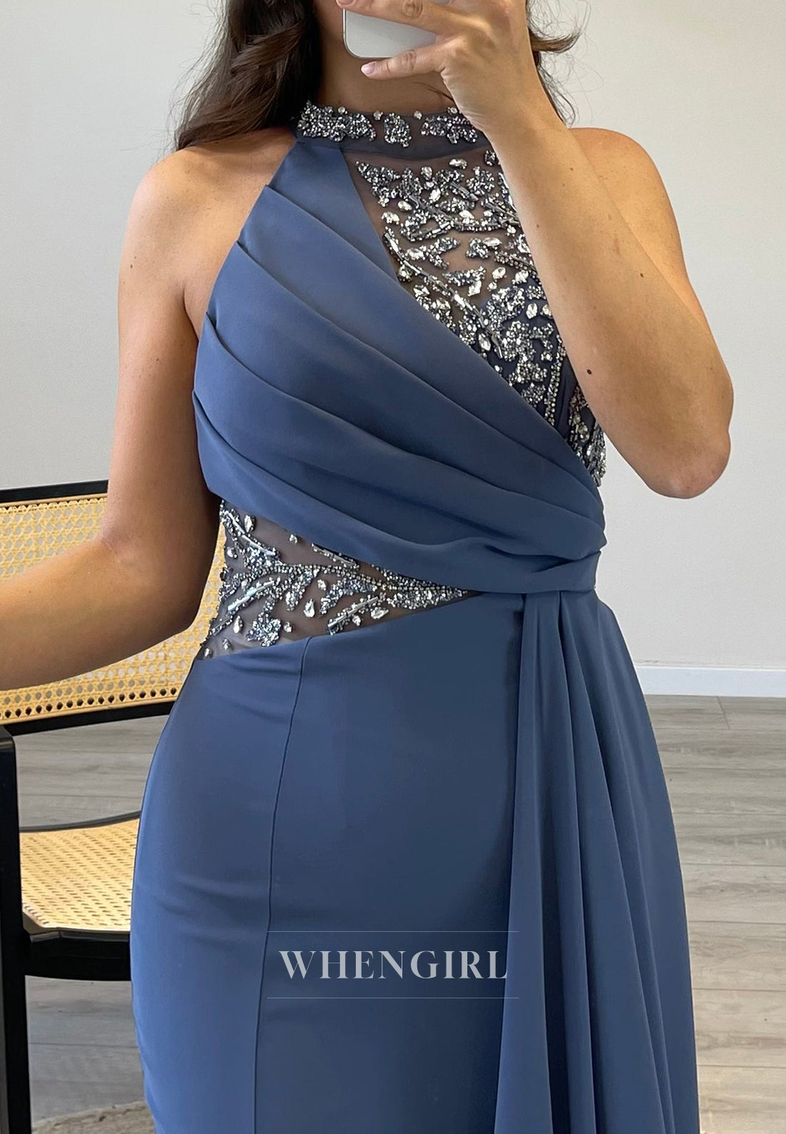 Mermaid Sweep Train Sleeveless Evening Dress Pleated Beade Halter Formal Gown