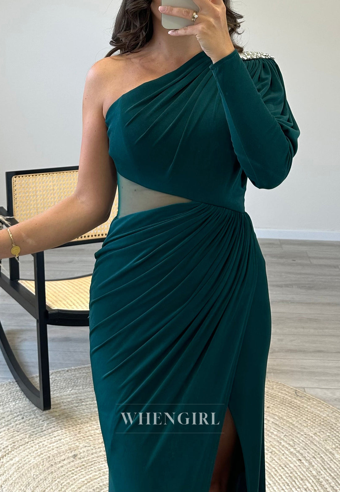 Asymmertrical One Shoulder Mermaid Pleated Chiffon Evening Gown with Side Slit