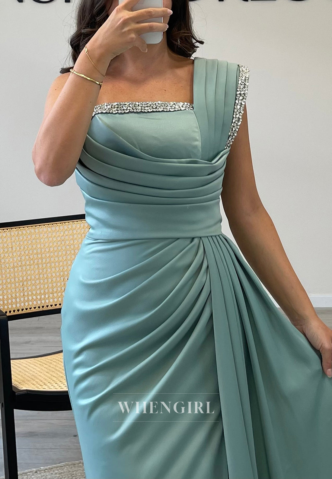 One Shoulder Satin Side Slit Mermaid Beading Sleeveless Evening Gown