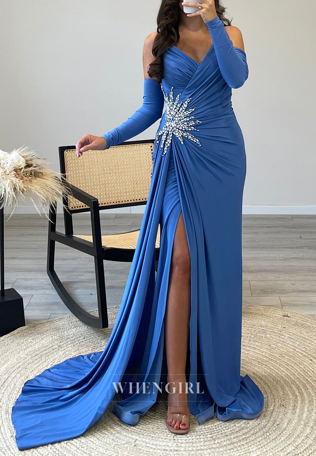 V Neck Rhinestone Pleated Formal Dress Long Sleeves Side Slit Train Evening Gown