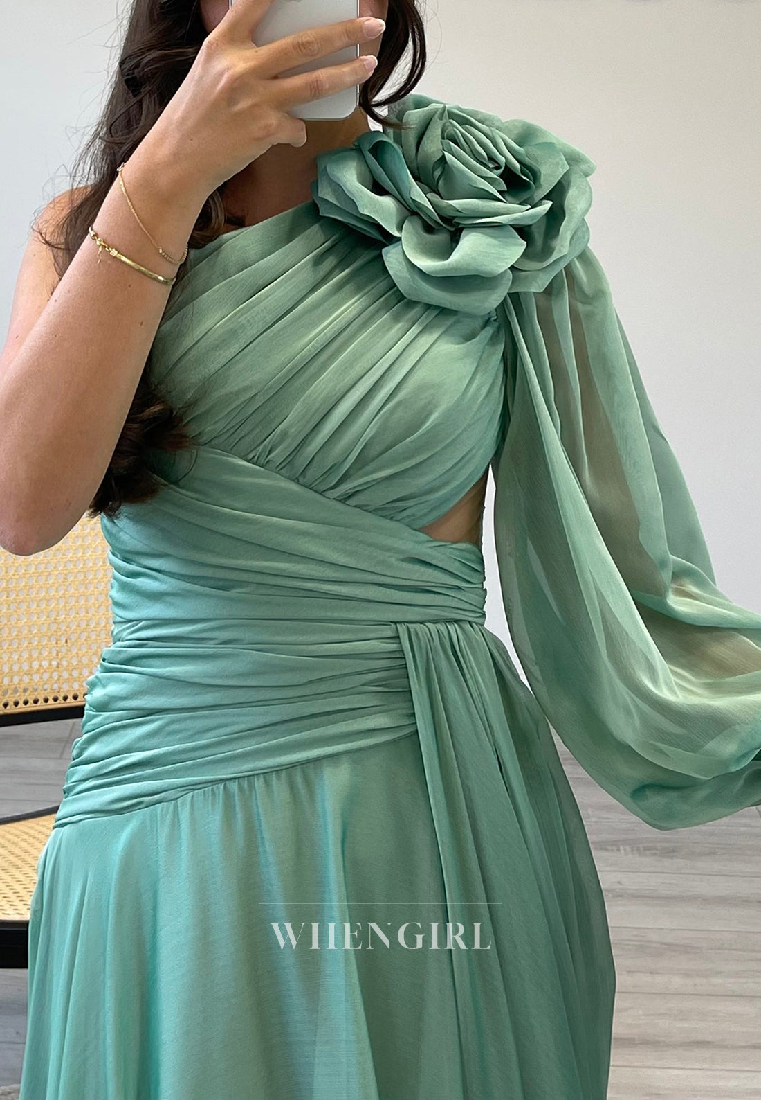 A-Line One Shoulder Side Slit Sweep Train Pleated Formal Evening Gown with Long Sleeve