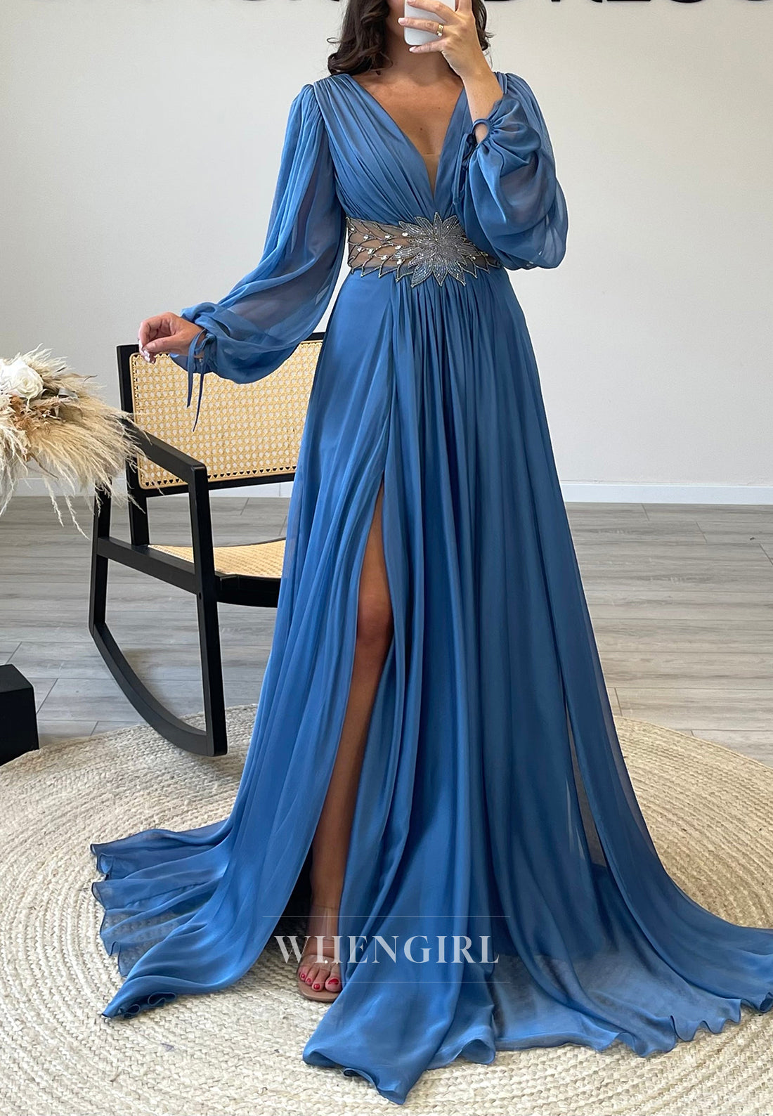 Long Sleeves V-Neck A-Line Beaded Side Slit Chiffon Evening Formal Gowns