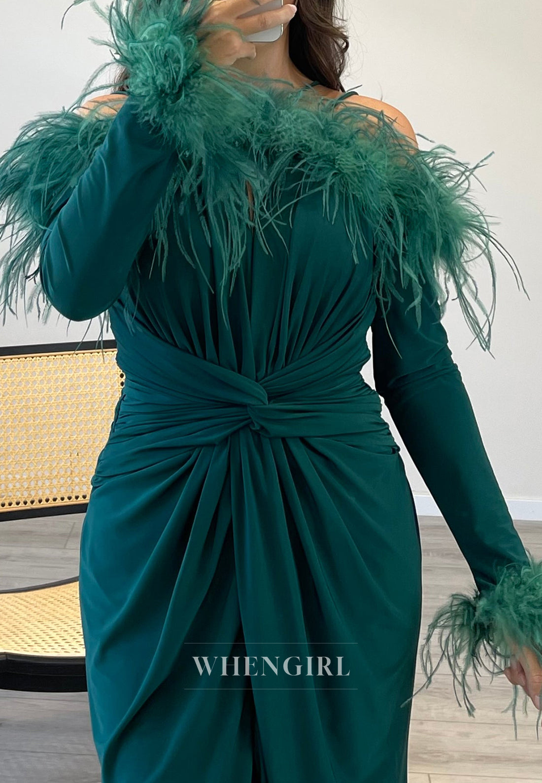 Pleated Long Sleeves Feather Mermaid Formal Gown Side Slit Chiffon Dress