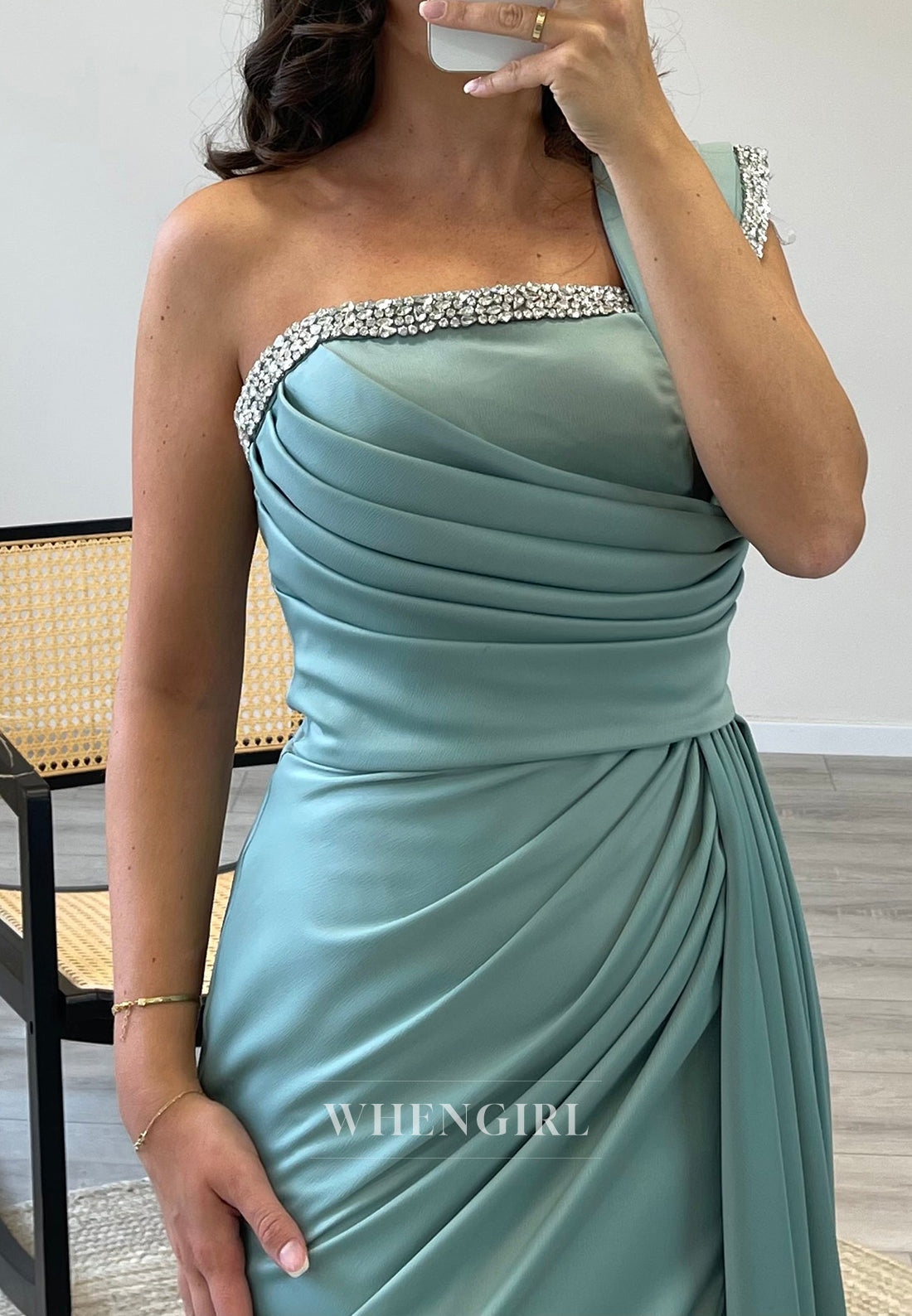 One Shoulder Satin Side Slit Mermaid Beading Sleeveless Evening Gown
