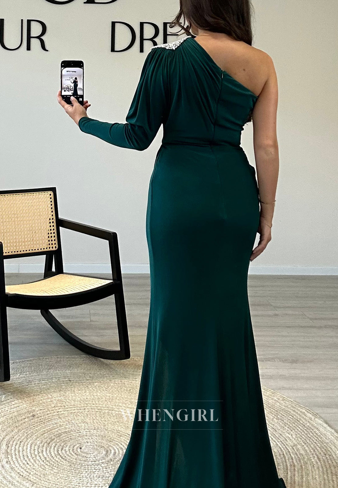 Asymmertrical One Shoulder Mermaid Pleated Chiffon Evening Gown with Side Slit