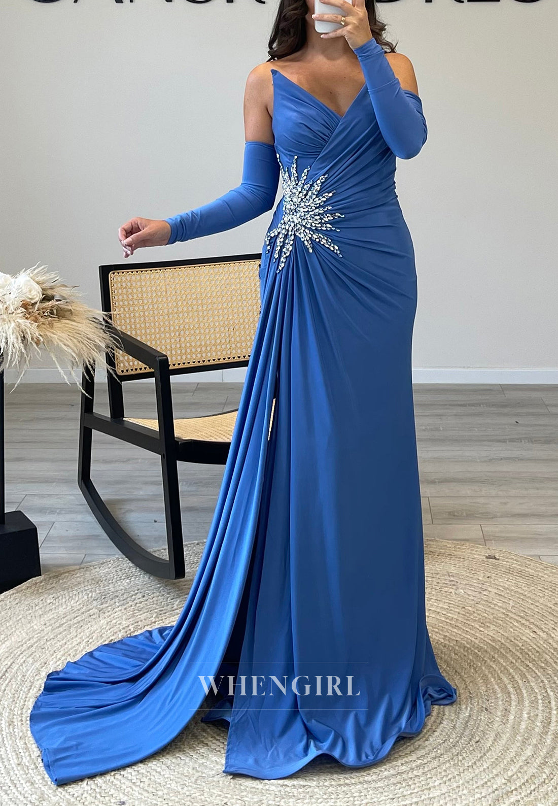 V Neck Rhinestone Pleated Formal Dress Long Sleeves Side Slit Train Evening Gown