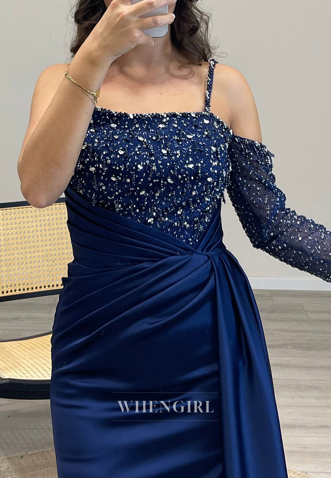 Beaded Sleeves Side Slit Spaghetti Straps Mermaid Pleated Evening Dress