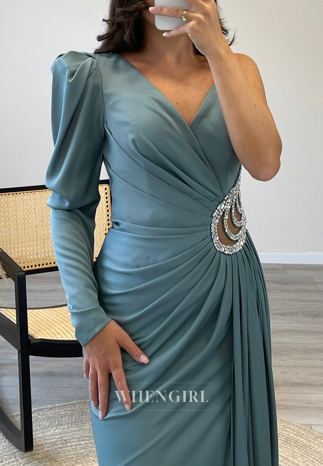 V Neck Low Back Mermaid Evening Dress Rhinestone Side Slit Waist Cut Out Formal Gown
