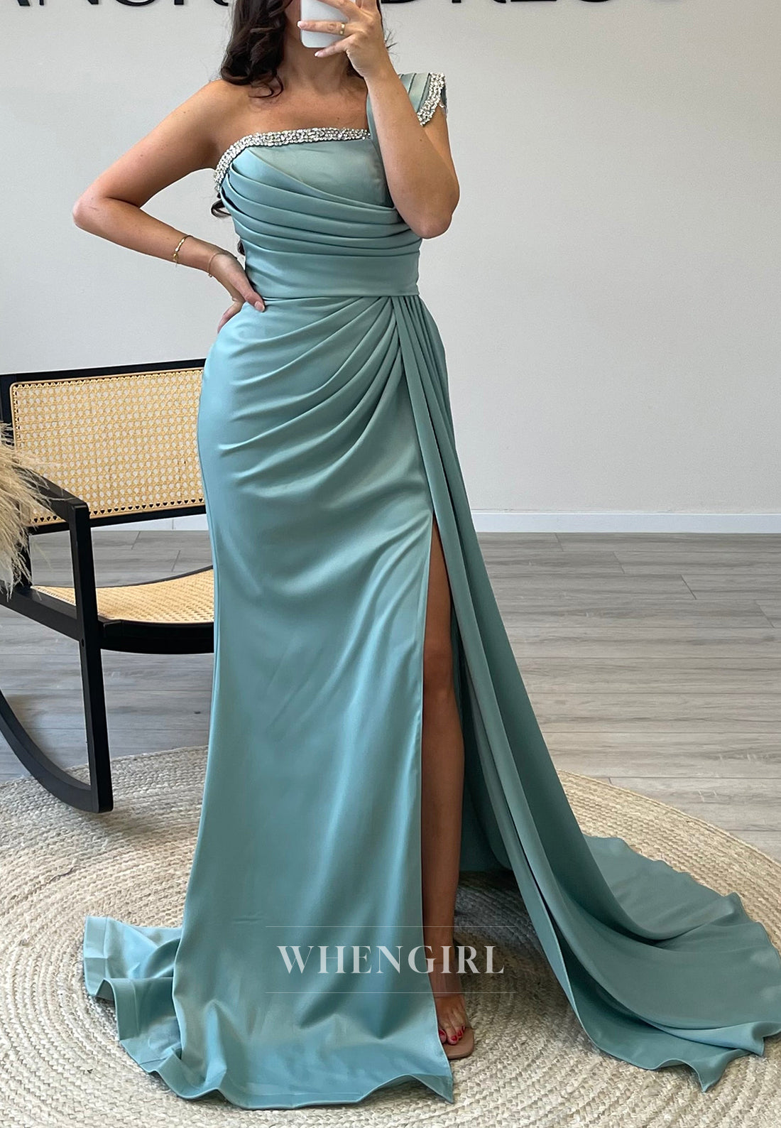 One Shoulder Satin Side Slit Mermaid Beading Sleeveless Evening Gown