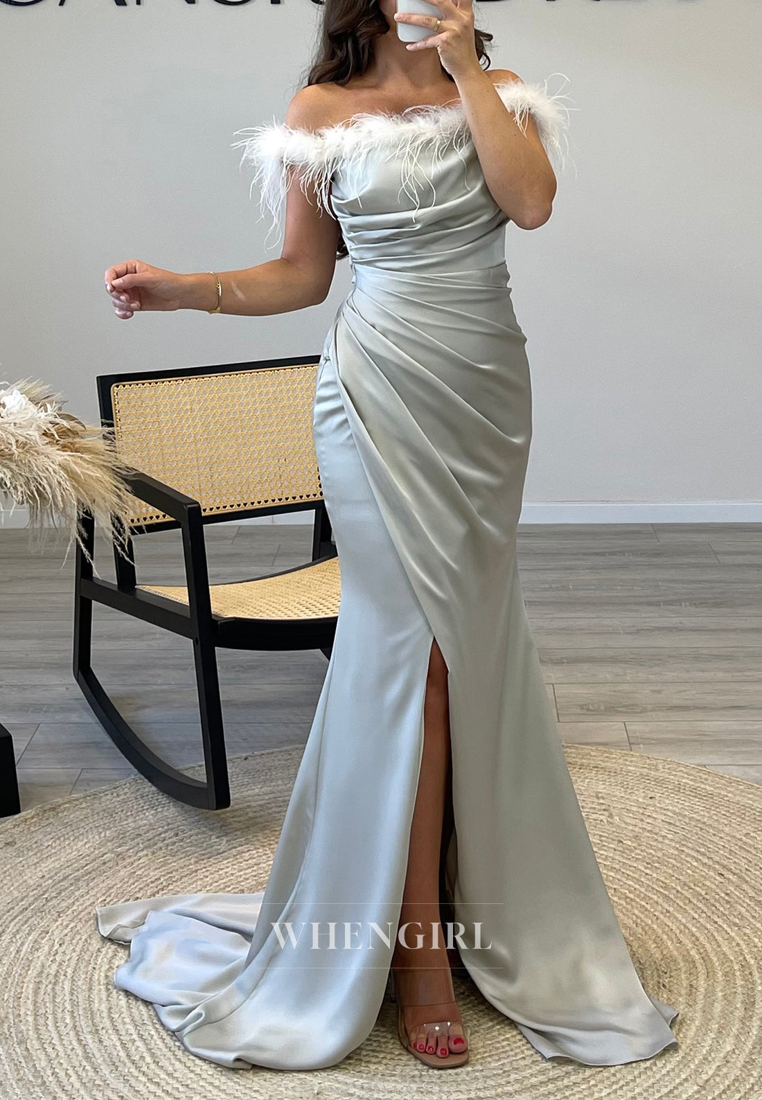 Unique Feather Off Shoulder Side Slit Pleated Formal Evening Dress with Sweep Train